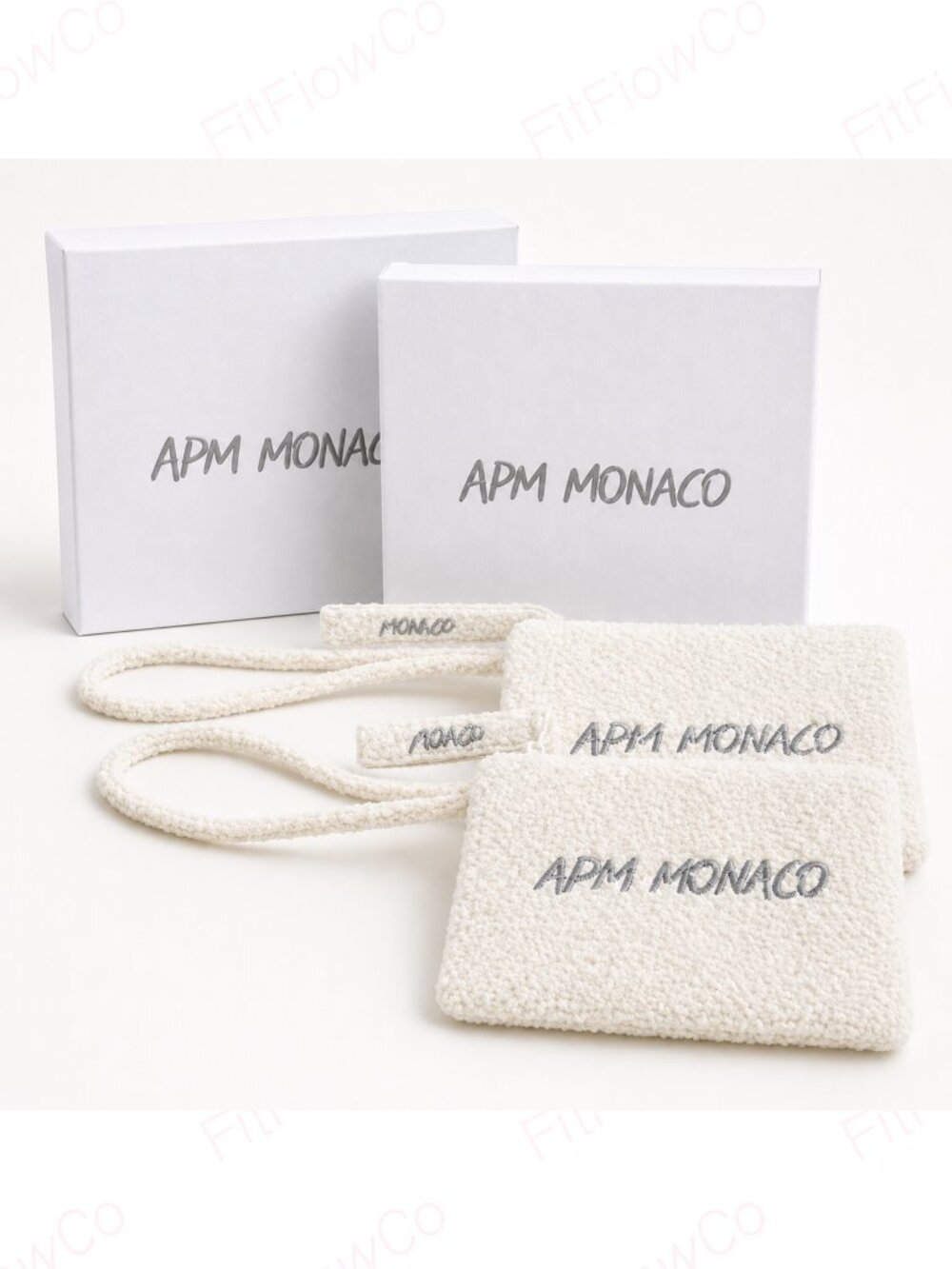 APM Monaco Set of 2 Cream Bouclé Jewelry Pouches 5x7 With Box